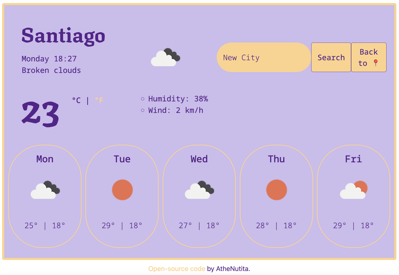 Photo of Weather Web App, with search engine, current location and weekly forecast.